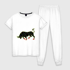 Женская пижама хлопок с принтом Bull silhouette and garland , 100% хлопок | брюки и футболка прямого кроя, без карманов, на брюках мягкая резинка на поясе и по низу штанин | 