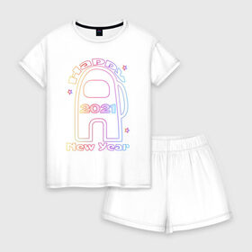 Женская пижама с шортиками хлопок с принтом Among Us 2021 Neon | Новый год , 100% хлопок | футболка прямого кроя, шорты свободные с широкой мягкой резинкой | 