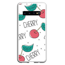 Чехол для Samsung Galaxy S10 с принтом Вишенки Cherry , Силикон | Область печати: задняя сторона чехла, без боковых панелей | Тематика изображения на принте: cherry | белый | вишня | красный | лето | надпись | сад | черенок | черешня | ягода