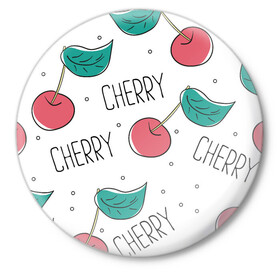 Значок с принтом Вишенки Cherry ,  металл | круглая форма, металлическая застежка в виде булавки | Тематика изображения на принте: cherry | белый | вишня | красный | лето | надпись | сад | черенок | черешня | ягода