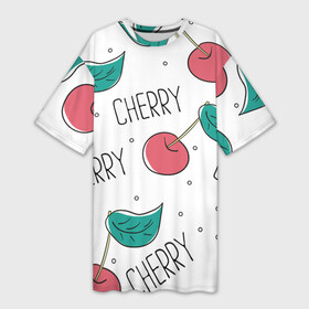 Платье-футболка 3D с принтом Вишенки Cherry ,  |  | cherry | белый | вишня | красный | лето | надпись | сад | черенок | черешня | ягода