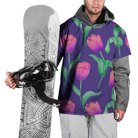 Накидка на куртку 3D с принтом Тюльпаны на фиолетовом фоне , 100% полиэстер |  | Тематика изображения на принте: зеленый | листья | любовь | паттерн | праздник | природа | растения | розовый | романтика | тюльпаны | узор | фиолетовый | цветы
