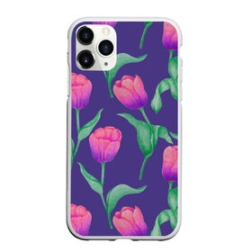 Чехол для iPhone 11 Pro матовый с принтом Тюльпаны на фиолетовом фоне , Силикон |  | зеленый | листья | любовь | паттерн | праздник | природа | растения | розовый | романтика | тюльпаны | узор | фиолетовый | цветы
