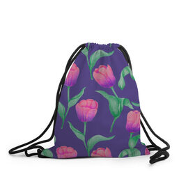 Рюкзак-мешок 3D с принтом Тюльпаны на фиолетовом фоне , 100% полиэстер | плотность ткани — 200 г/м2, размер — 35 х 45 см; лямки — толстые шнурки, застежка на шнуровке, без карманов и подкладки | Тематика изображения на принте: зеленый | листья | любовь | паттерн | праздник | природа | растения | розовый | романтика | тюльпаны | узор | фиолетовый | цветы