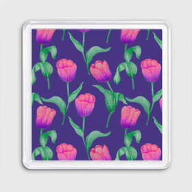 Магнит 55*55 с принтом Тюльпаны на фиолетовом фоне , Пластик | Размер: 65*65 мм; Размер печати: 55*55 мм | зеленый | листья | любовь | паттерн | праздник | природа | растения | розовый | романтика | тюльпаны | узор | фиолетовый | цветы