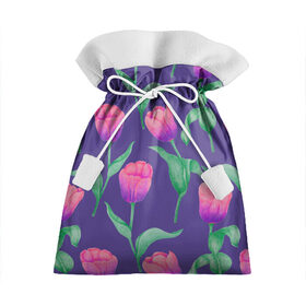 Подарочный 3D мешок с принтом Тюльпаны на фиолетовом фоне , 100% полиэстер | Размер: 29*39 см | зеленый | листья | любовь | паттерн | праздник | природа | растения | розовый | романтика | тюльпаны | узор | фиолетовый | цветы