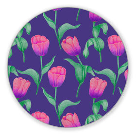 Коврик для мышки круглый с принтом Тюльпаны на фиолетовом фоне , резина и полиэстер | круглая форма, изображение наносится на всю лицевую часть | зеленый | листья | любовь | паттерн | праздник | природа | растения | розовый | романтика | тюльпаны | узор | фиолетовый | цветы