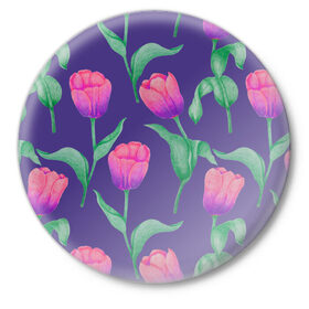 Значок с принтом Тюльпаны на фиолетовом фоне ,  металл | круглая форма, металлическая застежка в виде булавки | зеленый | листья | любовь | паттерн | праздник | природа | растения | розовый | романтика | тюльпаны | узор | фиолетовый | цветы