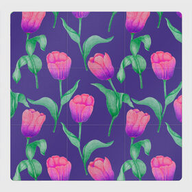 Магнитный плакат 3Х3 с принтом Тюльпаны на фиолетовом фоне , Полимерный материал с магнитным слоем | 9 деталей размером 9*9 см | Тематика изображения на принте: зеленый | листья | любовь | паттерн | праздник | природа | растения | розовый | романтика | тюльпаны | узор | фиолетовый | цветы
