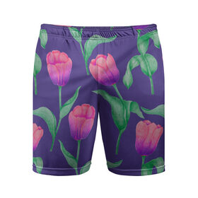 Мужские шорты спортивные с принтом Тюльпаны на фиолетовом фоне ,  |  | Тематика изображения на принте: зеленый | листья | любовь | паттерн | праздник | природа | растения | розовый | романтика | тюльпаны | узор | фиолетовый | цветы