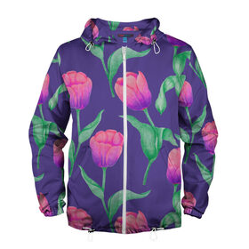 Мужская ветровка 3D с принтом Тюльпаны на фиолетовом фоне , 100% полиэстер | подол и капюшон оформлены резинкой с фиксаторами, два кармана без застежек по бокам, один потайной карман на груди | зеленый | листья | любовь | паттерн | праздник | природа | растения | розовый | романтика | тюльпаны | узор | фиолетовый | цветы