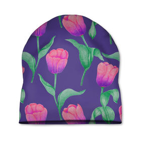 Шапка 3D с принтом Тюльпаны на фиолетовом фоне , 100% полиэстер | универсальный размер, печать по всей поверхности изделия | Тематика изображения на принте: зеленый | листья | любовь | паттерн | праздник | природа | растения | розовый | романтика | тюльпаны | узор | фиолетовый | цветы