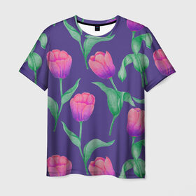 Мужская футболка 3D с принтом Тюльпаны на фиолетовом фоне , 100% полиэфир | прямой крой, круглый вырез горловины, длина до линии бедер | Тематика изображения на принте: зеленый | листья | любовь | паттерн | праздник | природа | растения | розовый | романтика | тюльпаны | узор | фиолетовый | цветы