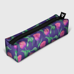 Пенал 3D с принтом Тюльпаны на фиолетовом фоне , 100% полиэстер | плотная ткань, застежка на молнии | зеленый | листья | любовь | паттерн | праздник | природа | растения | розовый | романтика | тюльпаны | узор | фиолетовый | цветы