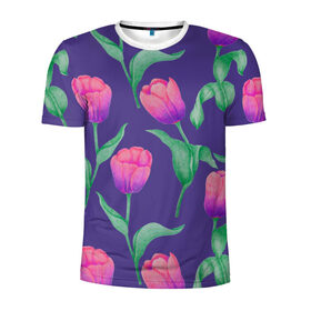 Мужская футболка 3D спортивная с принтом Тюльпаны на фиолетовом фоне , 100% полиэстер с улучшенными характеристиками | приталенный силуэт, круглая горловина, широкие плечи, сужается к линии бедра | Тематика изображения на принте: зеленый | листья | любовь | паттерн | праздник | природа | растения | розовый | романтика | тюльпаны | узор | фиолетовый | цветы
