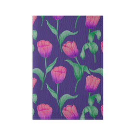 Обложка для паспорта матовая кожа с принтом Тюльпаны на фиолетовом фоне , натуральная матовая кожа | размер 19,3 х 13,7 см; прозрачные пластиковые крепления | зеленый | листья | любовь | паттерн | праздник | природа | растения | розовый | романтика | тюльпаны | узор | фиолетовый | цветы
