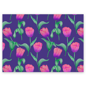 Поздравительная открытка с принтом Тюльпаны на фиолетовом фоне , 100% бумага | плотность бумаги 280 г/м2, матовая, на обратной стороне линовка и место для марки
 | зеленый | листья | любовь | паттерн | праздник | природа | растения | розовый | романтика | тюльпаны | узор | фиолетовый | цветы