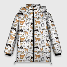 Женская зимняя куртка 3D с принтом Узор собаки много , верх — 100% полиэстер; подкладка — 100% полиэстер; утеплитель — 100% полиэстер | длина ниже бедра, силуэт Оверсайз. Есть воротник-стойка, отстегивающийся капюшон и ветрозащитная планка. 

Боковые карманы с листочкой на кнопках и внутренний карман на молнии | Тематика изображения на принте: гав | детский | домашнее животное | животный | звери | команды | лапы | любителю животных | морды | песель | песик | псы | собаки | собачка | узор | хвост | шаблон | щенки