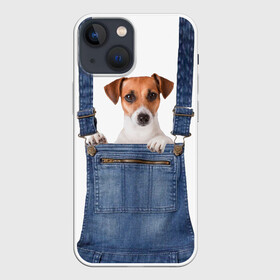 Чехол для iPhone 13 mini с принтом ЩЕНОК В КАРМАШКЕ ,  |  | Тематика изображения на принте: dog | jeans | packet | гав | джинсовый | дружок | животные | звери | карман | комбинезон | ломашние | одежда | пес | собака | щенок