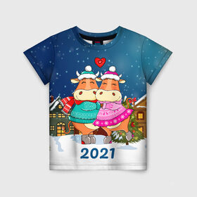 Детская футболка 3D с принтом Влюбленные бык и корова 2021 , 100% гипоаллергенный полиэфир | прямой крой, круглый вырез горловины, длина до линии бедер, чуть спущенное плечо, ткань немного тянется | 2021 | 7 января | bull | newyear | santa | бык | быки | бычок | год быка | дед мороз | корова | новогодние каникулы | новогодние праздники | новый 2021 | новый год | новый год 2021 | рождество | сани | санта | санта клаус