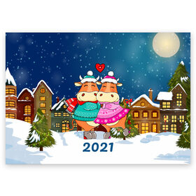 Поздравительная открытка с принтом Влюбленные бык и корова 2021 , 100% бумага | плотность бумаги 280 г/м2, матовая, на обратной стороне линовка и место для марки
 | Тематика изображения на принте: 2021 | 7 января | bull | newyear | santa | бык | быки | бычок | год быка | дед мороз | корова | новогодние каникулы | новогодние праздники | новый 2021 | новый год | новый год 2021 | рождество | сани | санта | санта клаус