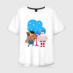 Мужская футболка хлопок Oversize с принтом Санта и бык Новый год 2021 , 100% хлопок | свободный крой, круглый ворот, “спинка” длиннее передней части | 