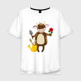 Мужская футболка хлопок Oversize с принтом Бык садовникГод быка 2021 , 100% хлопок | свободный крой, круглый ворот, “спинка” длиннее передней части | 