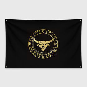 Флаг-баннер с принтом Телец , 100% полиэстер | размер 67 х 109 см, плотность ткани — 95 г/м2; по краям флага есть четыре люверса для крепления | знаки зодиака | золотой рисунок | телец | черный фон