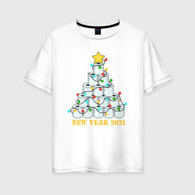 Женская футболка хлопок Oversize с принтом Новый год 2021 , 100% хлопок | свободный крой, круглый ворот, спущенный рукав, длина до линии бедер
 | 