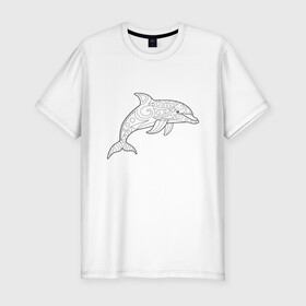 Мужская футболка хлопок Slim с принтом Дельфин линейный с узорами , 92% хлопок, 8% лайкра | приталенный силуэт, круглый вырез ворота, длина до линии бедра, короткий рукав | дельфин | животное | линейный | морское | океанское | узоры | чёрно  белый