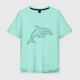 Мужская футболка хлопок Oversize с принтом Дельфин линейный с узорами , 100% хлопок | свободный крой, круглый ворот, “спинка” длиннее передней части | Тематика изображения на принте: дельфин | животное | линейный | морское | океанское | узоры | чёрно  белый