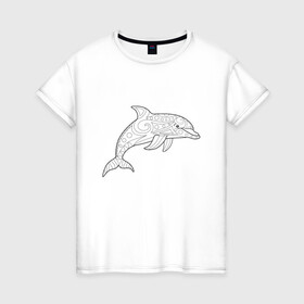 Женская футболка хлопок с принтом Дельфин линейный с узорами , 100% хлопок | прямой крой, круглый вырез горловины, длина до линии бедер, слегка спущенное плечо | дельфин | животное | линейный | морское | океанское | узоры | чёрно  белый