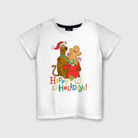 Детская футболка хлопок с принтом Happy holidays , 100% хлопок | круглый вырез горловины, полуприлегающий силуэт, длина до линии бедер | 005850 | scooby doo | shaggy | vdkotan | велма | дафна | скуби | скуби ду | шэгги