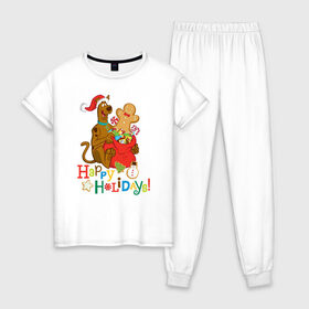 Женская пижама хлопок с принтом Happy holidays , 100% хлопок | брюки и футболка прямого кроя, без карманов, на брюках мягкая резинка на поясе и по низу штанин | 005850 | scooby doo | shaggy | vdkotan | велма | дафна | скуби | скуби ду | шэгги