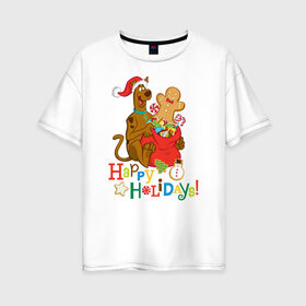 Женская футболка хлопок Oversize с принтом Happy holidays , 100% хлопок | свободный крой, круглый ворот, спущенный рукав, длина до линии бедер
 | 005850 | scooby doo | shaggy | vdkotan | велма | дафна | скуби | скуби ду | шэгги