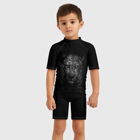Детский купальный костюм 3D с принтом Ягуар выходит из тени , Полиэстер 85%, Спандекс 15% | застежка на молнии на спине | jaguar | барс | животное | зверь | кошка | черный | ягуар