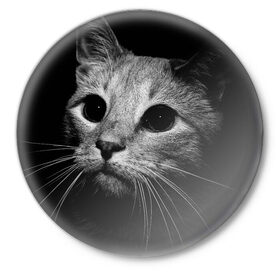 Значок с принтом Чёрный кот ,  металл | круглая форма, металлическая застежка в виде булавки | Тематика изображения на принте: животное | кот | кошка | тёмный рисунок | чёрный фон