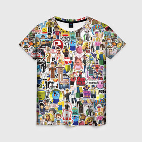 Женская футболка 3D с принтом Roblox | Роблокс , 100% полиэфир ( синтетическое хлопкоподобное полотно) | прямой крой, круглый вырез горловины, длина до линии бедер | game | piggy | roblox | sticker bombing | игра | пигги | роблокс | стикер бомбинг