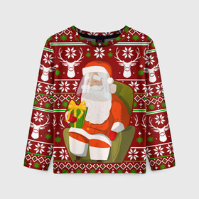 Детский лонгслив 3D с принтом Санта с защитным экраном , 100% полиэстер | длинные рукава, круглый вырез горловины, полуприлегающий силуэт
 | deer | happy new year | new year | santa | защитный экран | корона | коронавирус | новогодний свитер | новый год | санта | санта клаус | свитер | свитер с маской | свитер с оленями