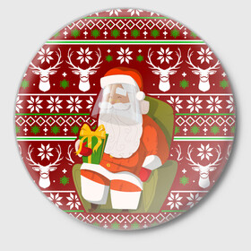 Значок с принтом Санта с защитным экраном ,  металл | круглая форма, металлическая застежка в виде булавки | deer | happy new year | new year | santa | защитный экран | корона | коронавирус | новогодний свитер | новый год | санта | санта клаус | свитер | свитер с маской | свитер с оленями