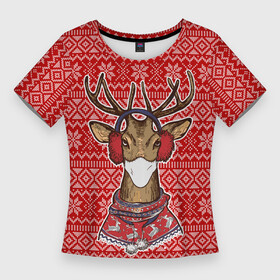 Женская футболка 3D Slim с принтом Deer in a medical mask ,  |  | deer | happy new year | new year | santa | защитный экран | корона | коронавирус | новогодний свитер | новый год | свитер | свитер с маской | свитер с оленями