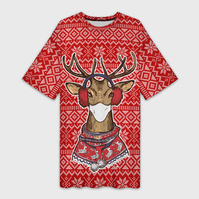 Платье-футболка 3D с принтом Deer in a medical mask ,  |  | deer | happy new year | new year | santa | защитный экран | корона | коронавирус | новогодний свитер | новый год | свитер | свитер с маской | свитер с оленями