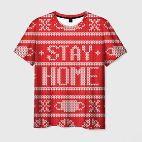Мужская футболка 3D с принтом Stay home , 100% полиэфир | прямой крой, круглый вырез горловины, длина до линии бедер | deer | happy new year | new year | santa | защитный экран | корона | коронавирус | новогодний свитер | новый год | свитер | свитер с маской | свитер с оленями