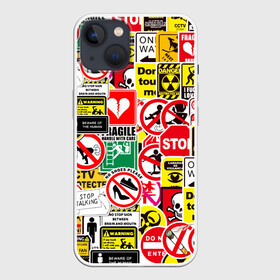 Чехол для iPhone 13 с принтом Запрещающие знаки ,  |  | danger | sticker bombing | запрещающие знаки | опасность | прикол | стикер бомбинг | череп
