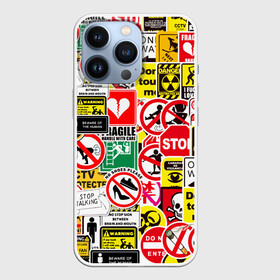 Чехол для iPhone 13 Pro с принтом Запрещающие знаки ,  |  | Тематика изображения на принте: danger | sticker bombing | запрещающие знаки | опасность | прикол | стикер бомбинг | череп