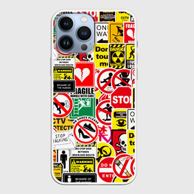Чехол для iPhone 13 Pro Max с принтом Запрещающие знаки ,  |  | Тематика изображения на принте: danger | sticker bombing | запрещающие знаки | опасность | прикол | стикер бомбинг | череп