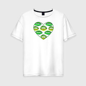 Женская футболка хлопок Oversize с принтом Зелёный поцелуй , 100% хлопок | свободный крой, круглый ворот, спущенный рукав, длина до линии бедер
 | губы | день валентина | зелёный | любовь | отпечатки | сердечко | сердце