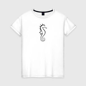 Женская футболка хлопок с принтом Морской конёк , 100% хлопок | прямой крой, круглый вырез горловины, длина до линии бедер, слегка спущенное плечо | значок | линейный | лого | минимализм | морской конёк | морской обитатель | рыба | чёрно  белый