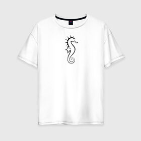 Женская футболка хлопок Oversize с принтом Морской конёк , 100% хлопок | свободный крой, круглый ворот, спущенный рукав, длина до линии бедер
 | значок | линейный | лого | минимализм | морской конёк | морской обитатель | рыба | чёрно  белый