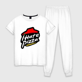 Женская пижама хлопок с принтом I Hate Pizza , 100% хлопок | брюки и футболка прямого кроя, без карманов, на брюках мягкая резинка на поясе и по низу штанин | hate pizza | pizza hut | ненавижу | пицца | хейтер